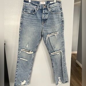 Frame Le Original high-rise, straight-leg, distressed denim jeans in a blue wash